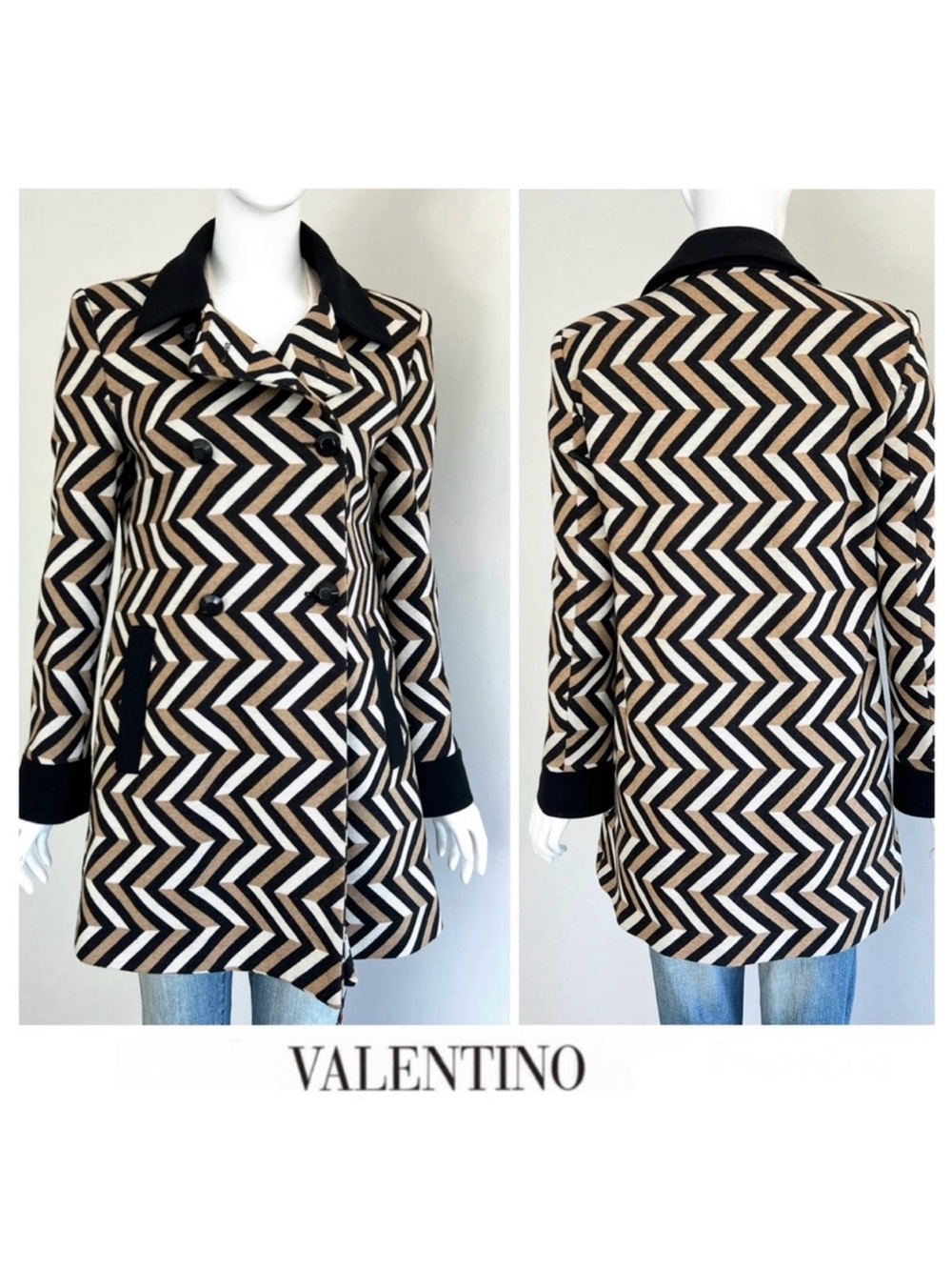 RED VALENTINO Wool Blend Multicolor Mid Length Double Breasted Pea Coat Sz 42